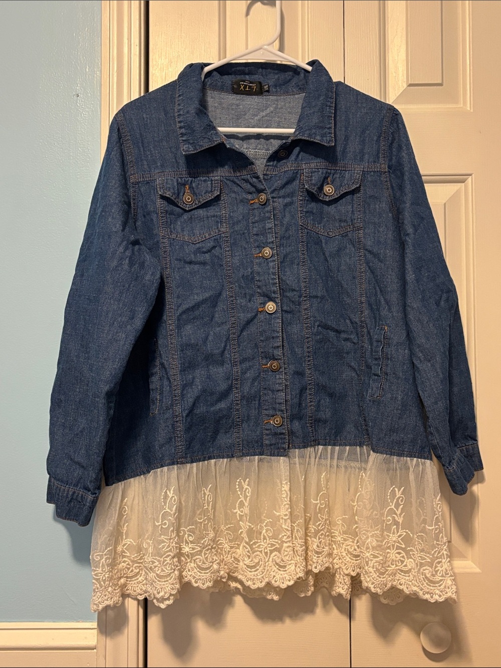 Light Denim Jacket with White Lace Hem